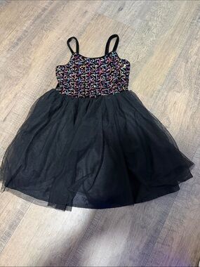 Girls' Black Tulle Dance Dress with Multicolor Sequin Bodice